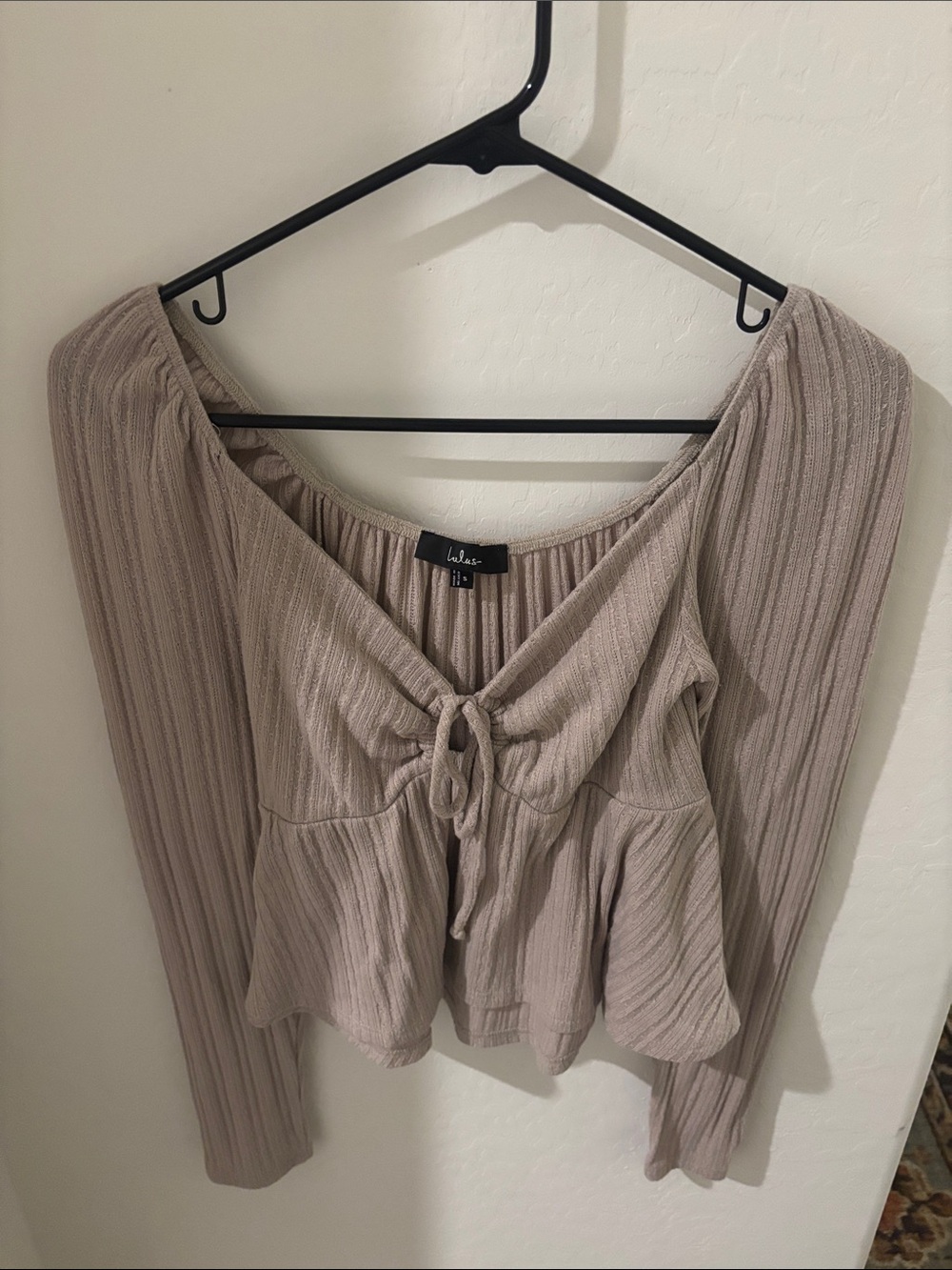 Lulu's Taupe Ribbed Tie-Front Peplum Long Sleeve Top